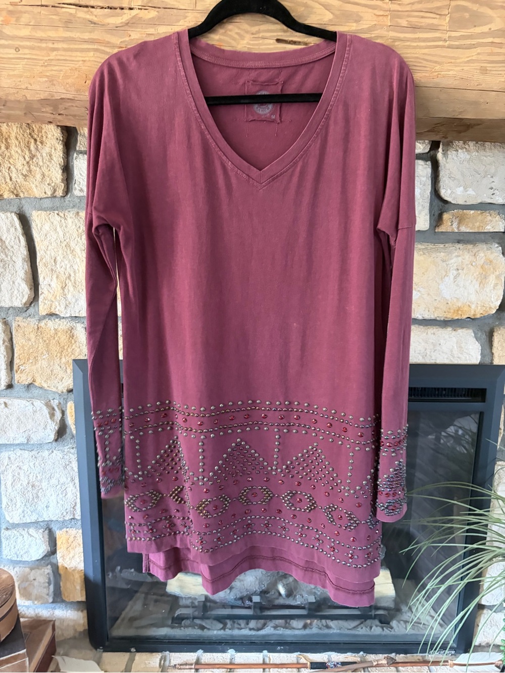 Double D Ranch Women's V-Neck Long Sleeve Tunic with Stud Detail - Dusty Rose